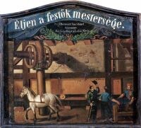 II. Blaufärber bei der Arbeit Schild an der Gesellenherberge, II. Blaufärber bei der Arbeit Schild an der Gesellenherberge,