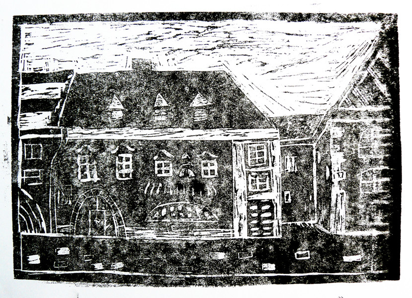 34. ábra – Linómetszet. Hallgatói munka. Festészet – grafika fakultáció I.