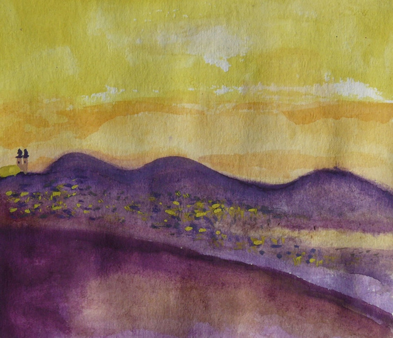 114. ábra – Festmény átirata lila – sárga komplementer színpárral. vízfesték – tempera. Hallgatói munka. Festészet – grafika fakultáció II.