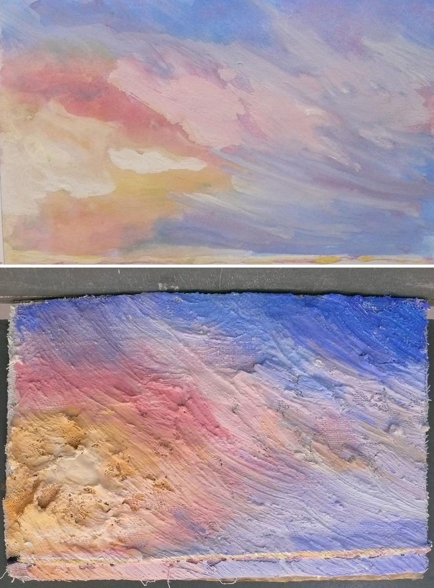 121. ábra – Faktúragyakorlat. tempera. (Papír, valamint gipszes alapon.) Hallgatói munka. Festészet – grafika fakultáció II.